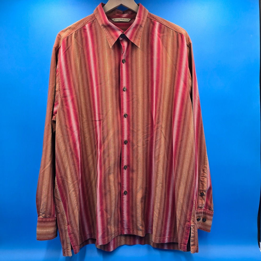 Tommy Bahama Mens XL 100% Silk Long Sleeve Striped Shirt Red Burgundy T32220